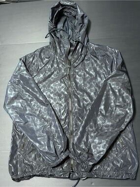 Coach Jacket Mens Large Blue Reversible Hooded Signature C Windbreaker Zip